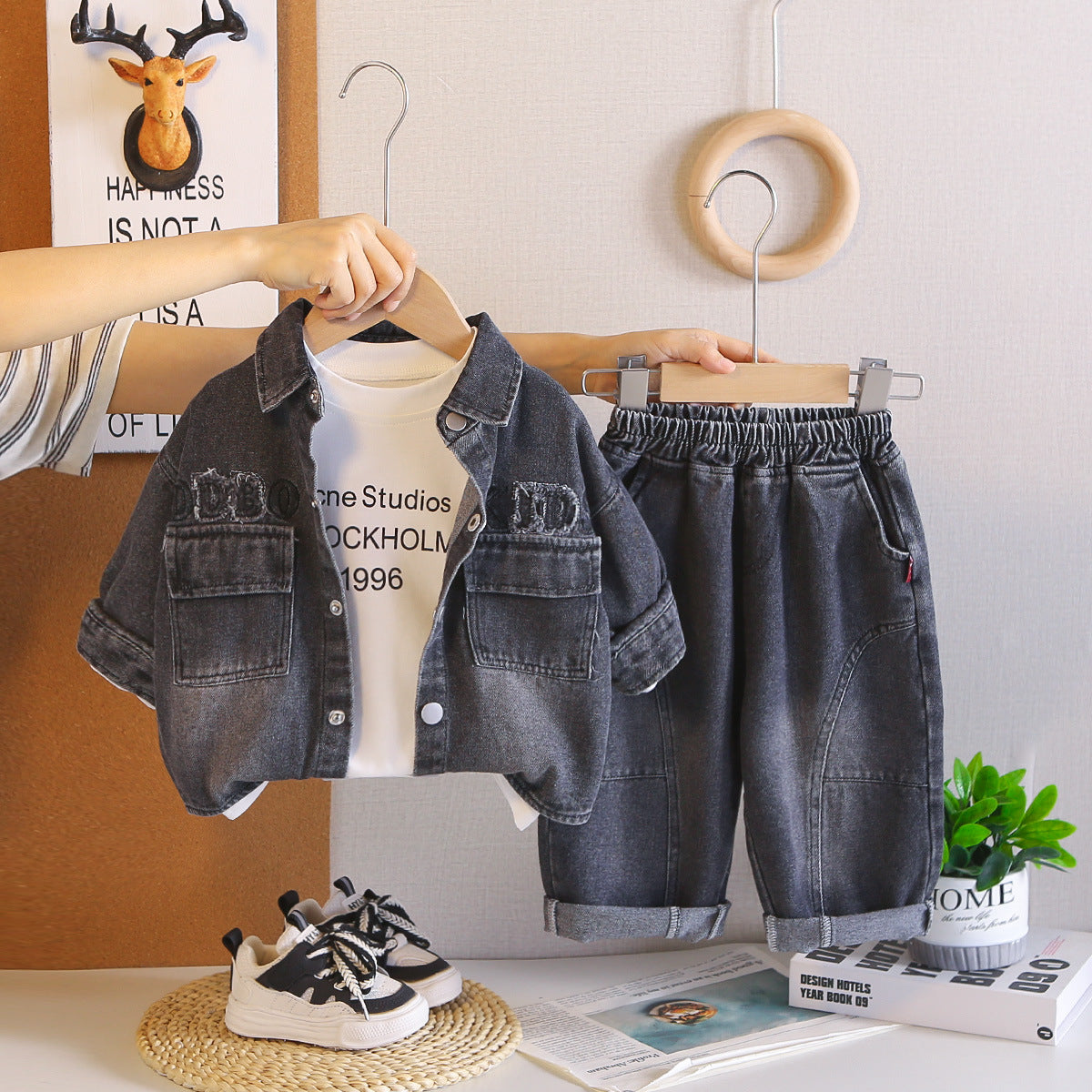 Baby autumn denim long sleeved three piece set baby children's clothing