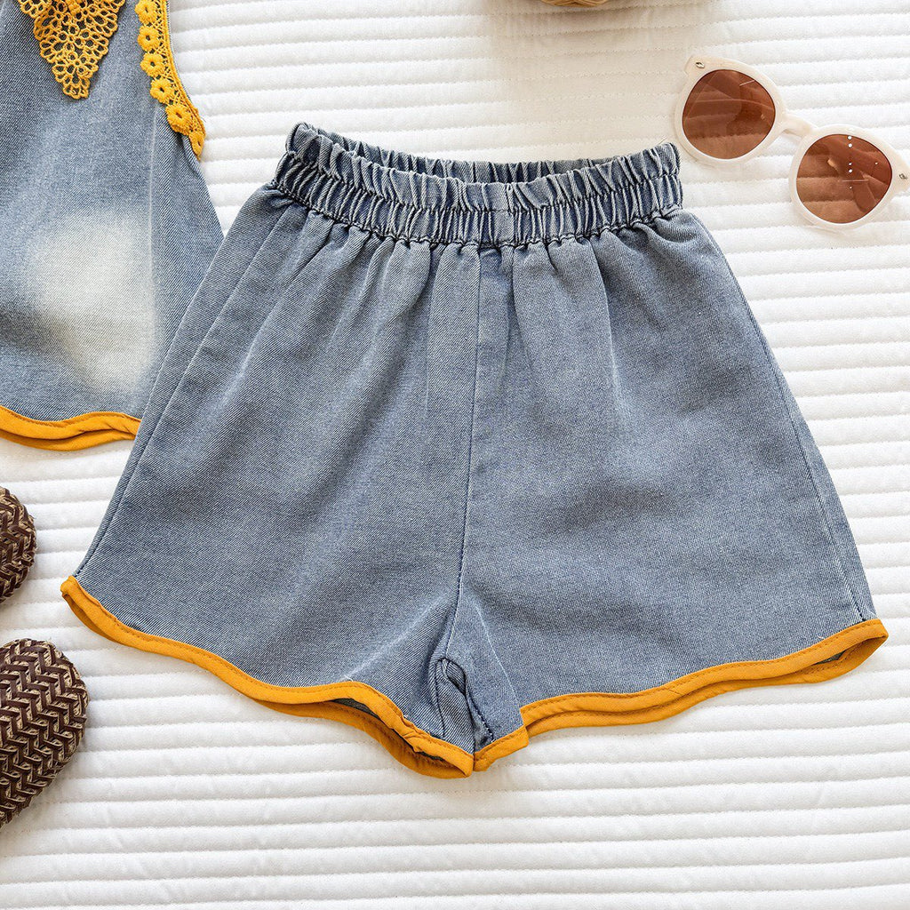 Two-Piece Set for Girls: Denim Flower Vest Top with Color-Blocked Ruffle Shorts, Fashionable Summer Outfit