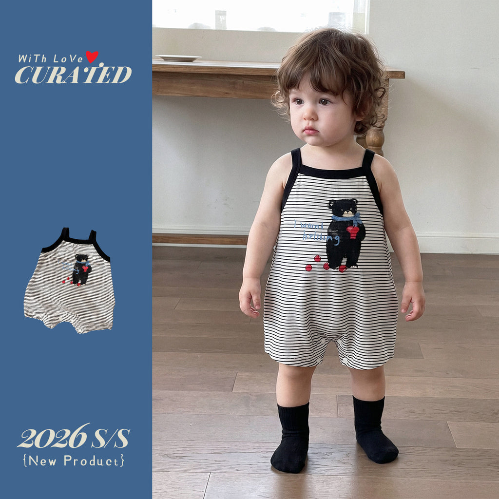 Striped Cartoon Sleeveless Romper Baby Bodysuit for Summer