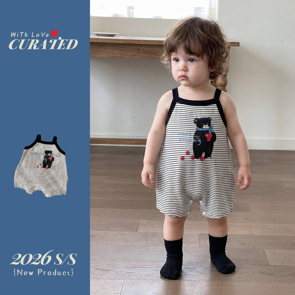 Striped Cartoon Sleeveless Romper Baby Bodysuit for Summer