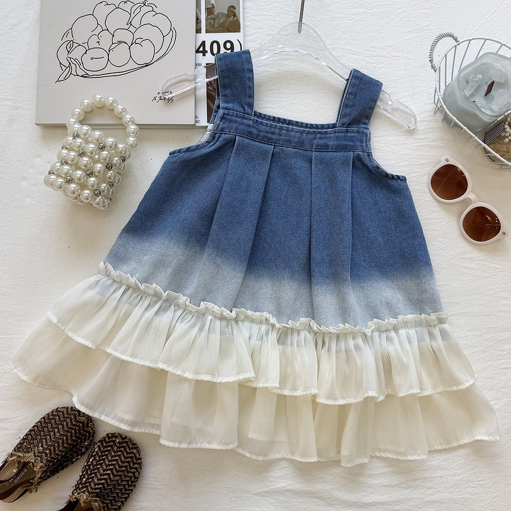 Cute Girl's Dress Summer Fashion Denim Spliced Tulle Strap Dress Elegant Princess Dress