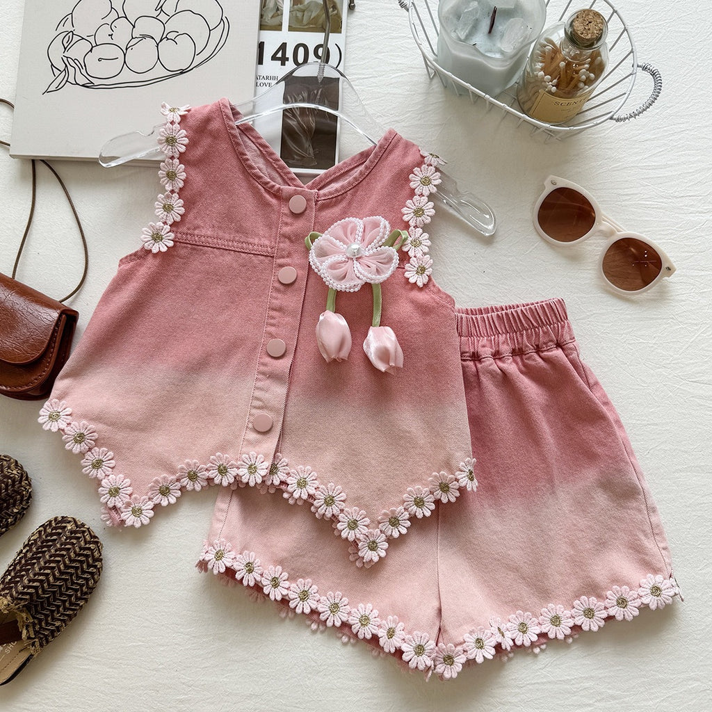 Summer Girls' Set Floral Denim Vest with Ruffled Shorts Casual Two-Piece Outfit