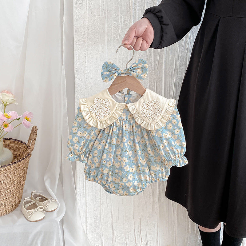 Autumn Baby Clothes Sweet Floral Baby Girl Romper Long Sleeve Dress With Peter Pan Collar Sister Set