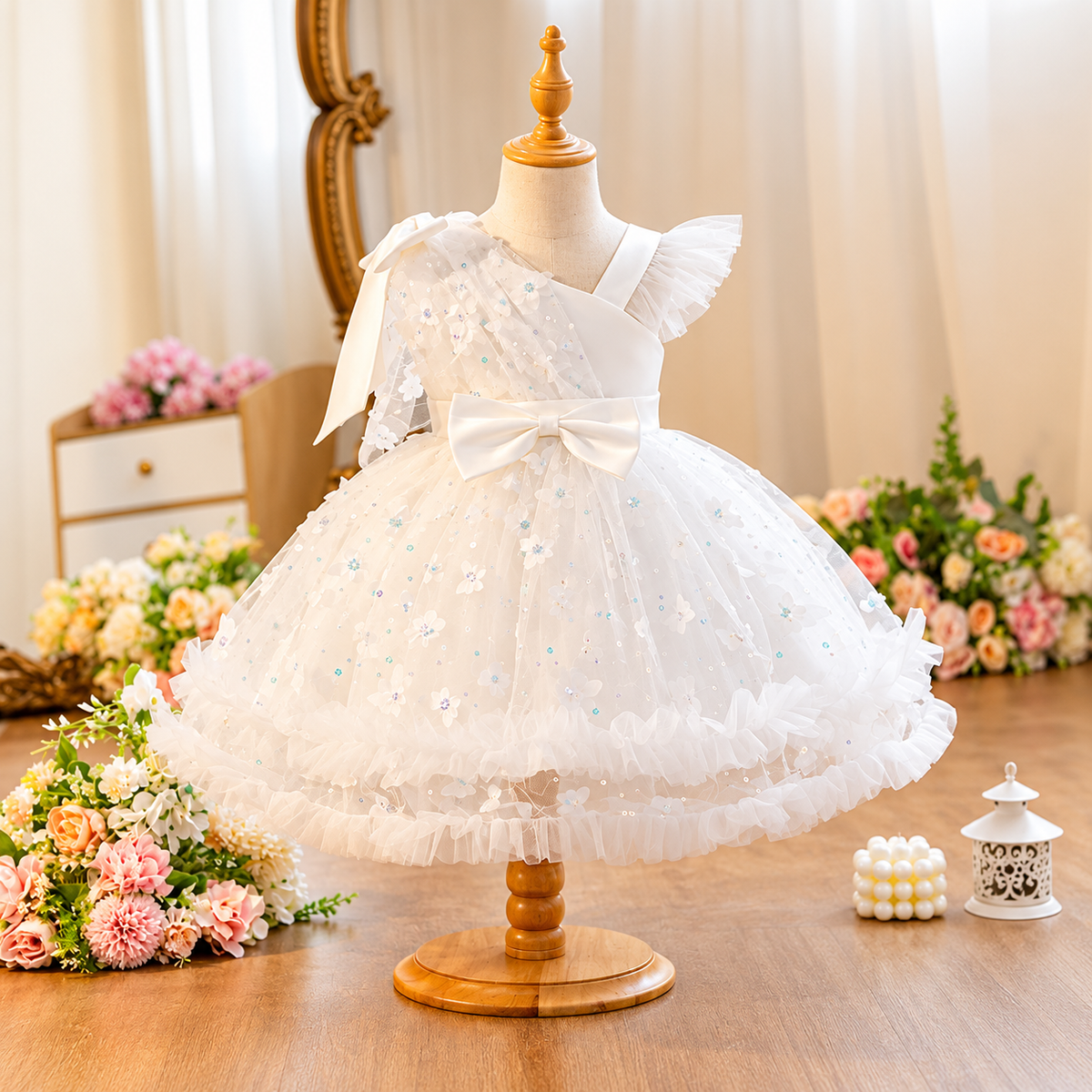 Girls' White Flutter-Sleeve Party Dress | Pack 12 | Unit Price $8.95 | Mix-GC-142