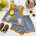 Two-Piece Set for Girls: Denim Flower Vest Top with Color-Blocked Ruffle Shorts, Fashionable Summer Outfit