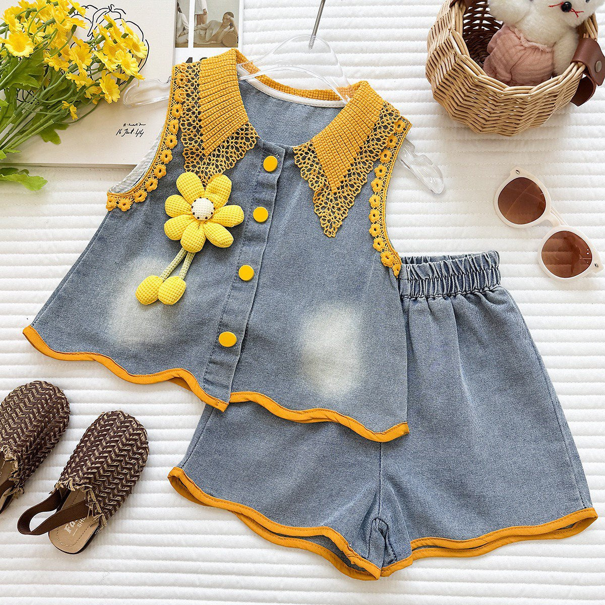 Two-Piece Set for Girls: Denim Flower Vest Top with Color-Blocked Ruffle Shorts, Fashionable Summer Outfit