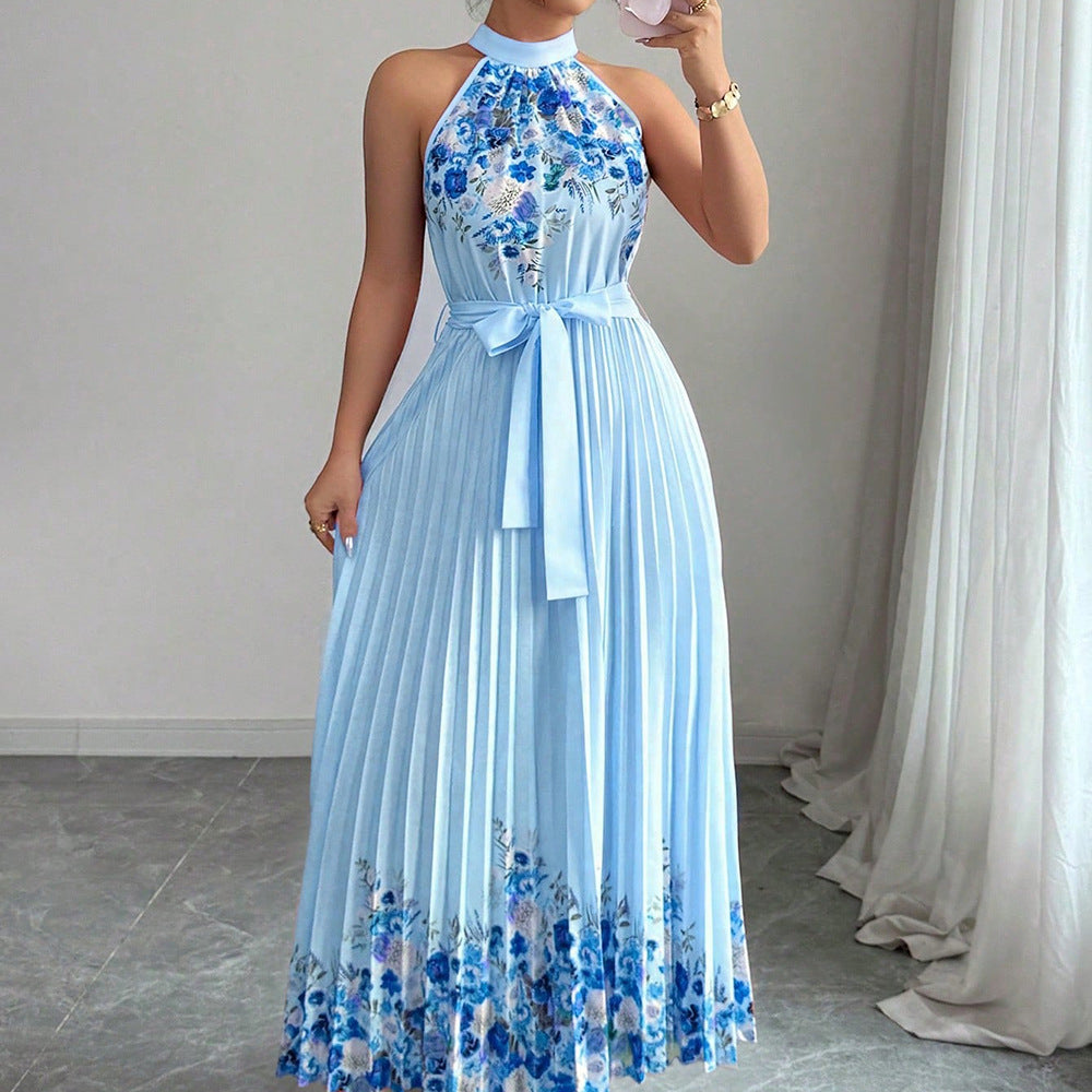 Women’s Floral Print Halter Neck Pleated Maxi Dress with Waist Tie – $19.99 Unit Price | MOQ 24 Pieces.Size S-xl