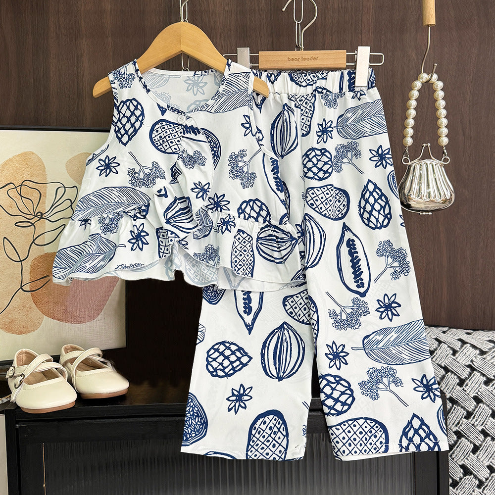 Girls' Set Summer Plant Print Casual Sleeveless Top and Long Pants Two-Piece Set  New Style Wholesale Drop Shipping