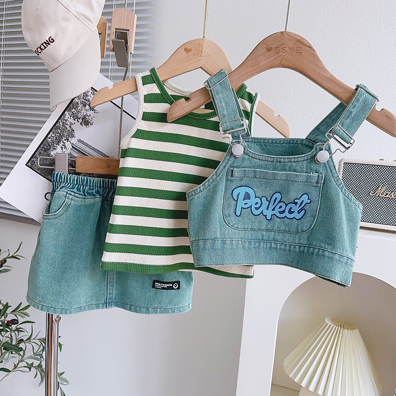 Cute Girl's Summer Denim Outfit Set, New Baby Summer Sleeveless Top with Strap Skirt Three-Piece Set