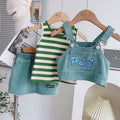 Cute Girl's Summer Denim Outfit Set, New Baby Summer Sleeveless Top with Strap Skirt Three-Piece Set