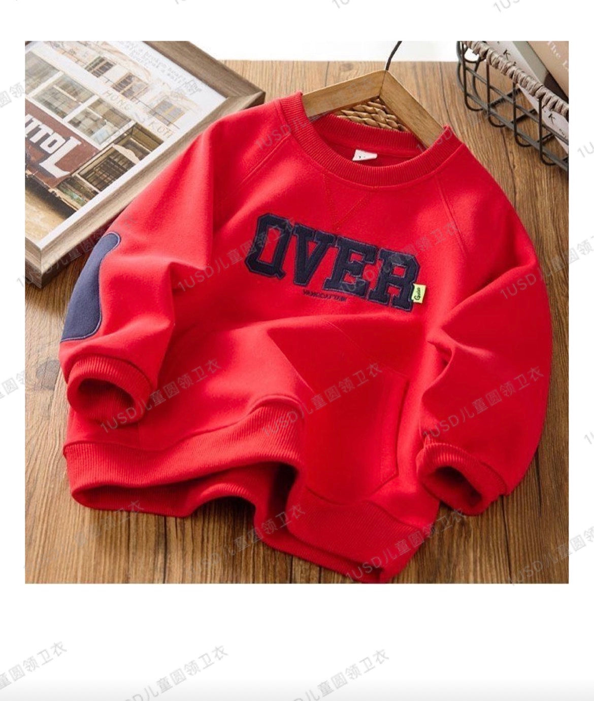 Kids denim pocket colorblock sweatshirt in gray and orange