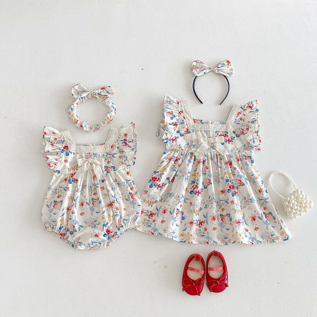 Baby Clothes Summer Baby Full Moon Romper Short Sleeve Sweet Print Princess Dress Stylish Sisters Outfit