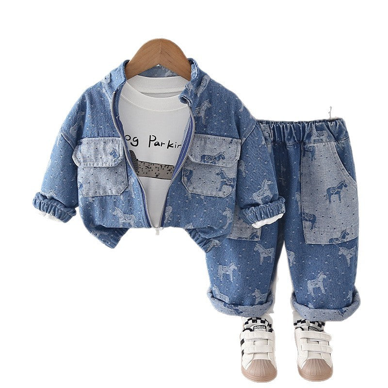 Baby Spring and Autumn Season Baby Children's Cowboy Long Sleeve Three Piece Set