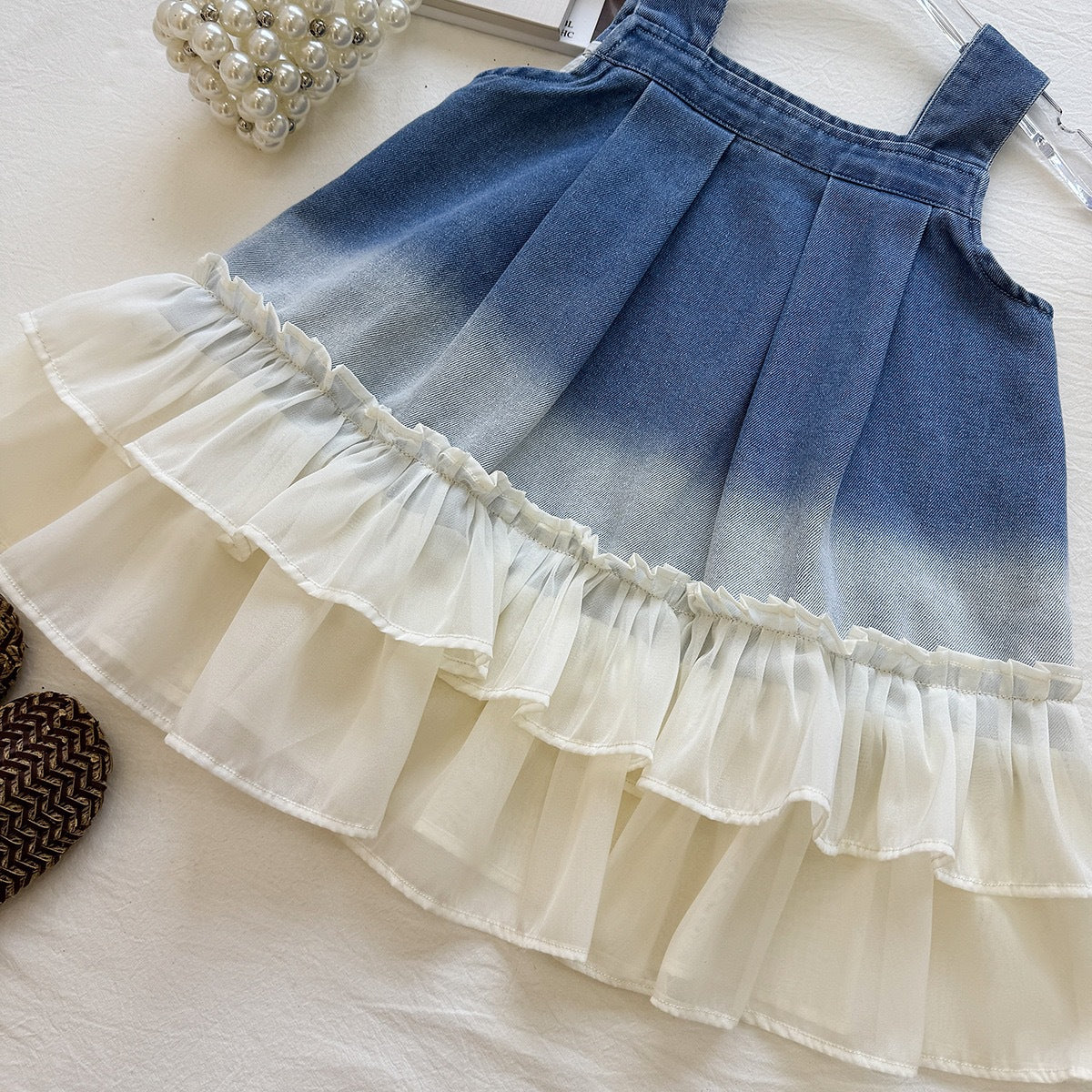 Cute Girl's Dress Summer Fashion Denim Spliced Tulle Strap Dress Elegant Princess Dress
