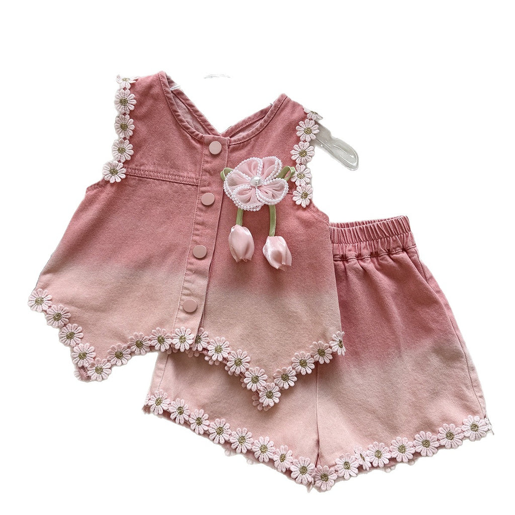 Summer Girls' Set Floral Denim Vest with Ruffled Shorts Casual Two-Piece Outfit