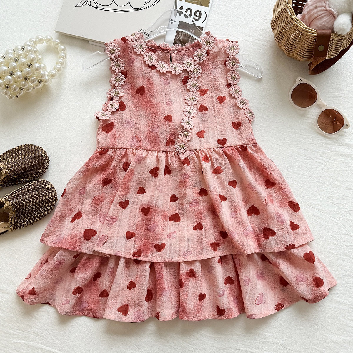 Cute Sleeveless Dress for Girls with Heart Print and Large Bow, Princess Style Summer Dress