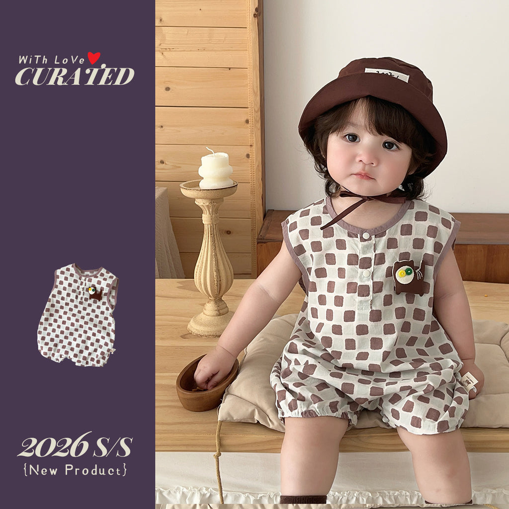 Baby Romper for Boys Lightweight Short Sleeve All-Over Printed Checkered Cartoon Baby Onesie