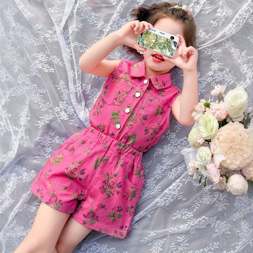 Cute Sleeveless Printed Top with Shorts Two-Piece Set for Girls Summer Fashion Kids Outfit