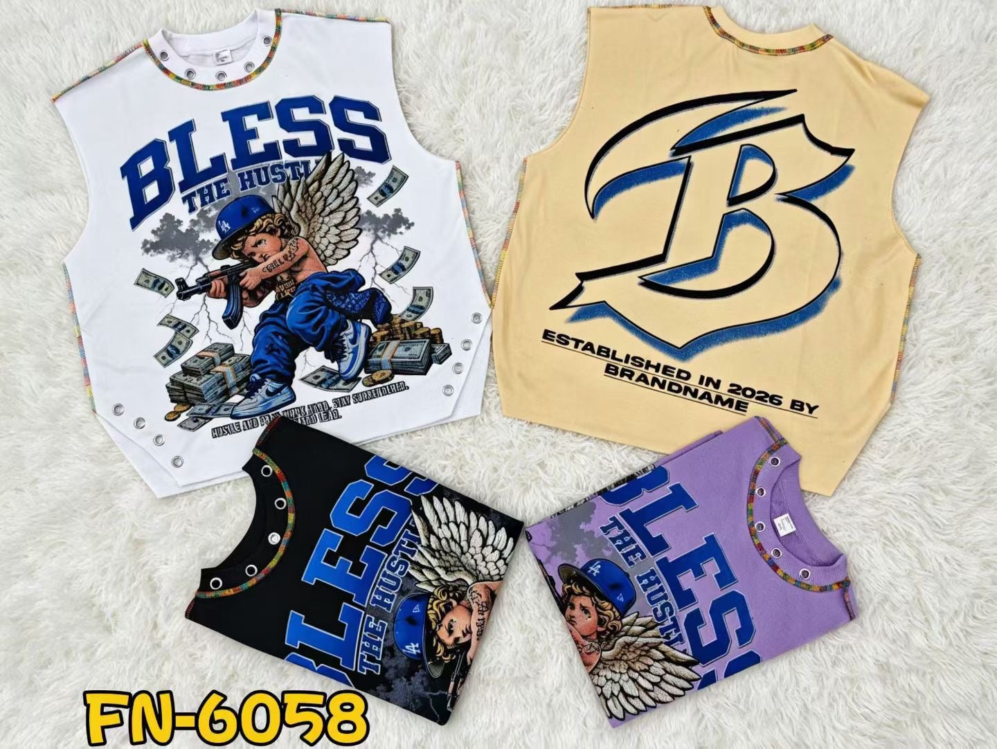 Graphic Sleeveless Tee $6.50/pc – FN-6058 / FN-6059 / FN-6060 / FN-6061 / FN-6062 (Pack of 10 | MOQ 20 Bags)