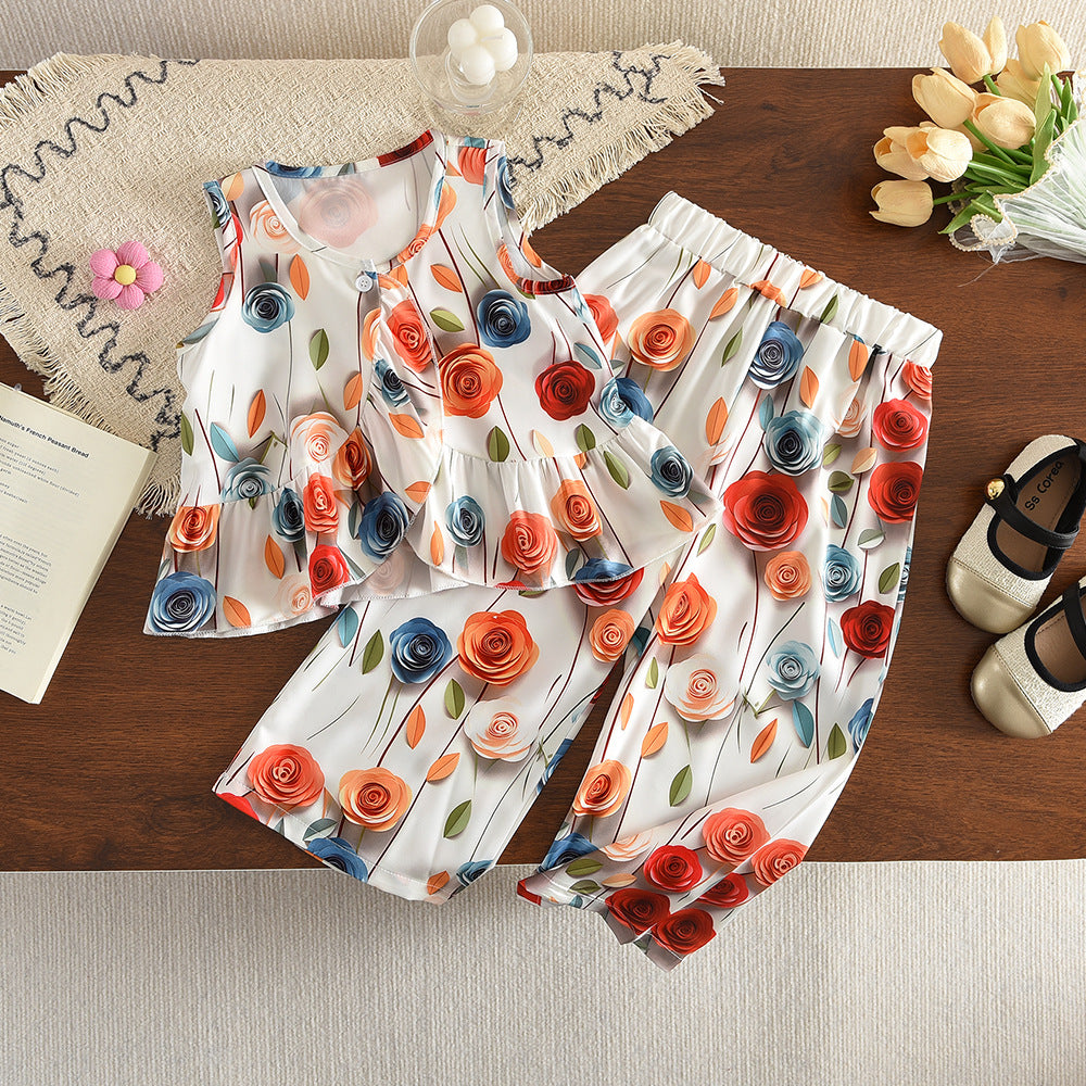 Girls' 3D Flower Sleeveless Top & Wide-Leg Pants Princess Style Set