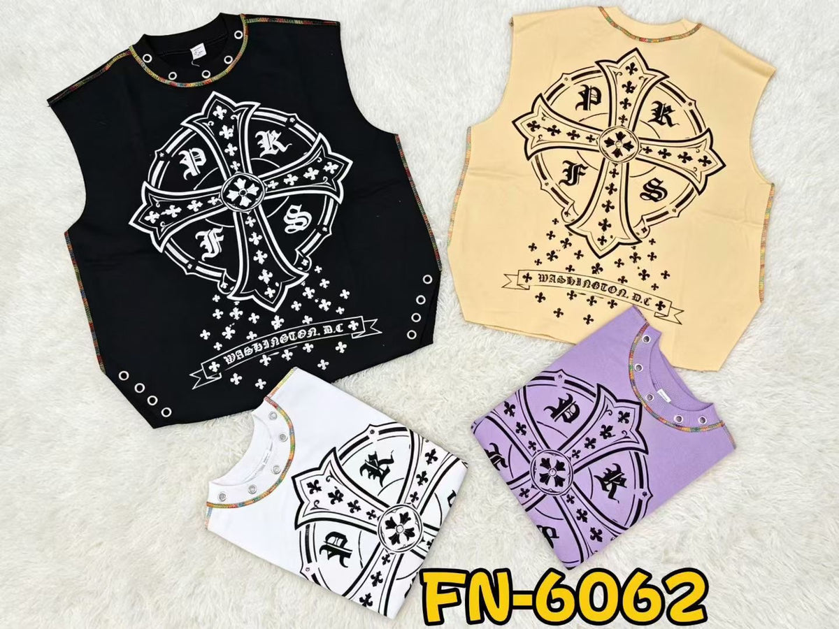 Graphic Sleeveless Tee $6.50/pc – FN-6058 / FN-6059 / FN-6060 / FN-6061 / FN-6062 (Pack of 10 | MOQ 20 Bags)