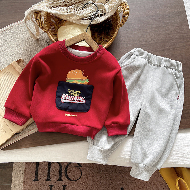 Baby cartoon hoodie baby long sleeved two-piece set