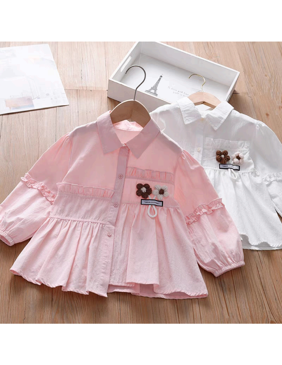 Girls 3D Flower Ruffle Peplum Blouse - Mixed Pink & White