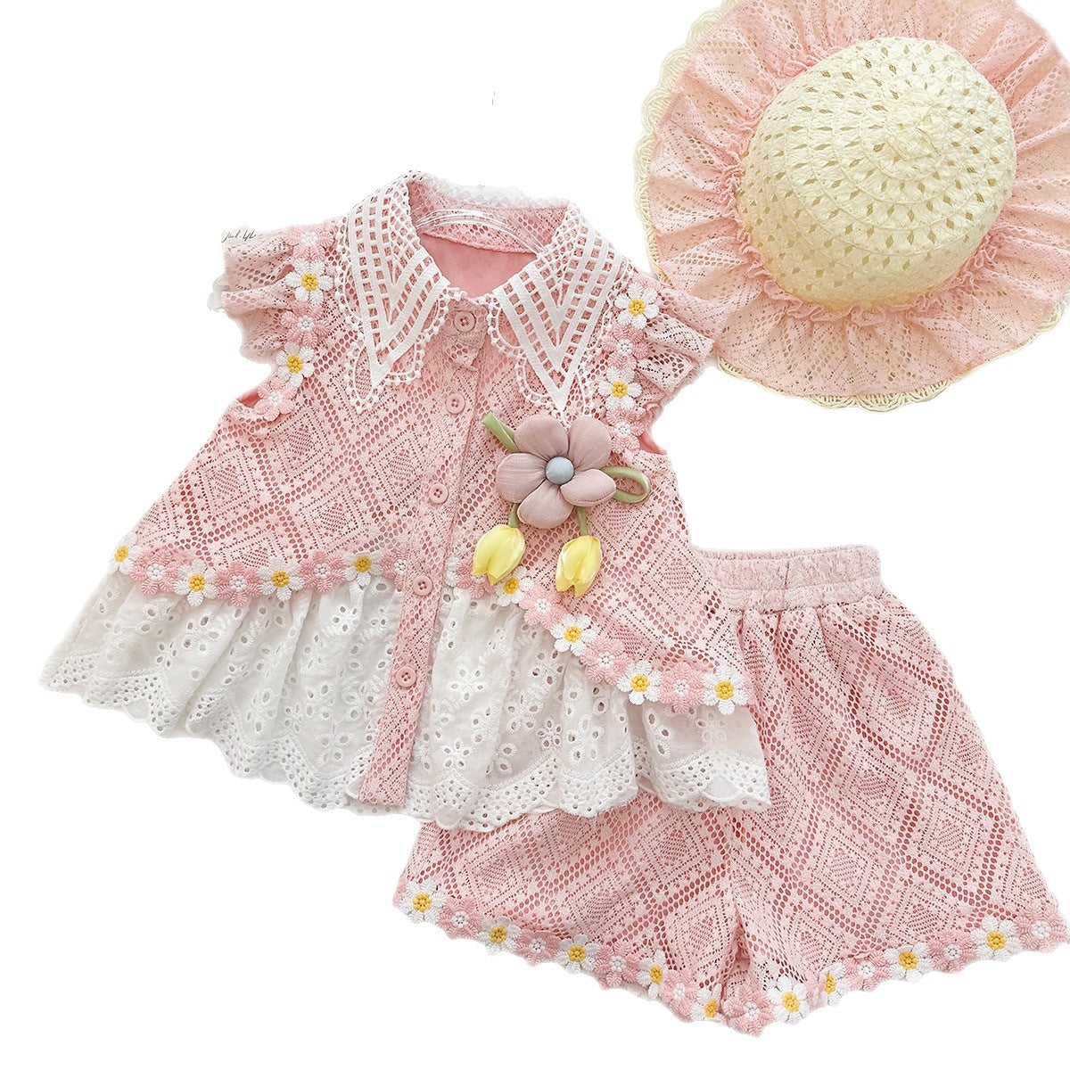 Fashionable Lace Flower Flutter Sleeve  Ruffle Shorts Princess Two-Piece Set for Girls Summer Outfit