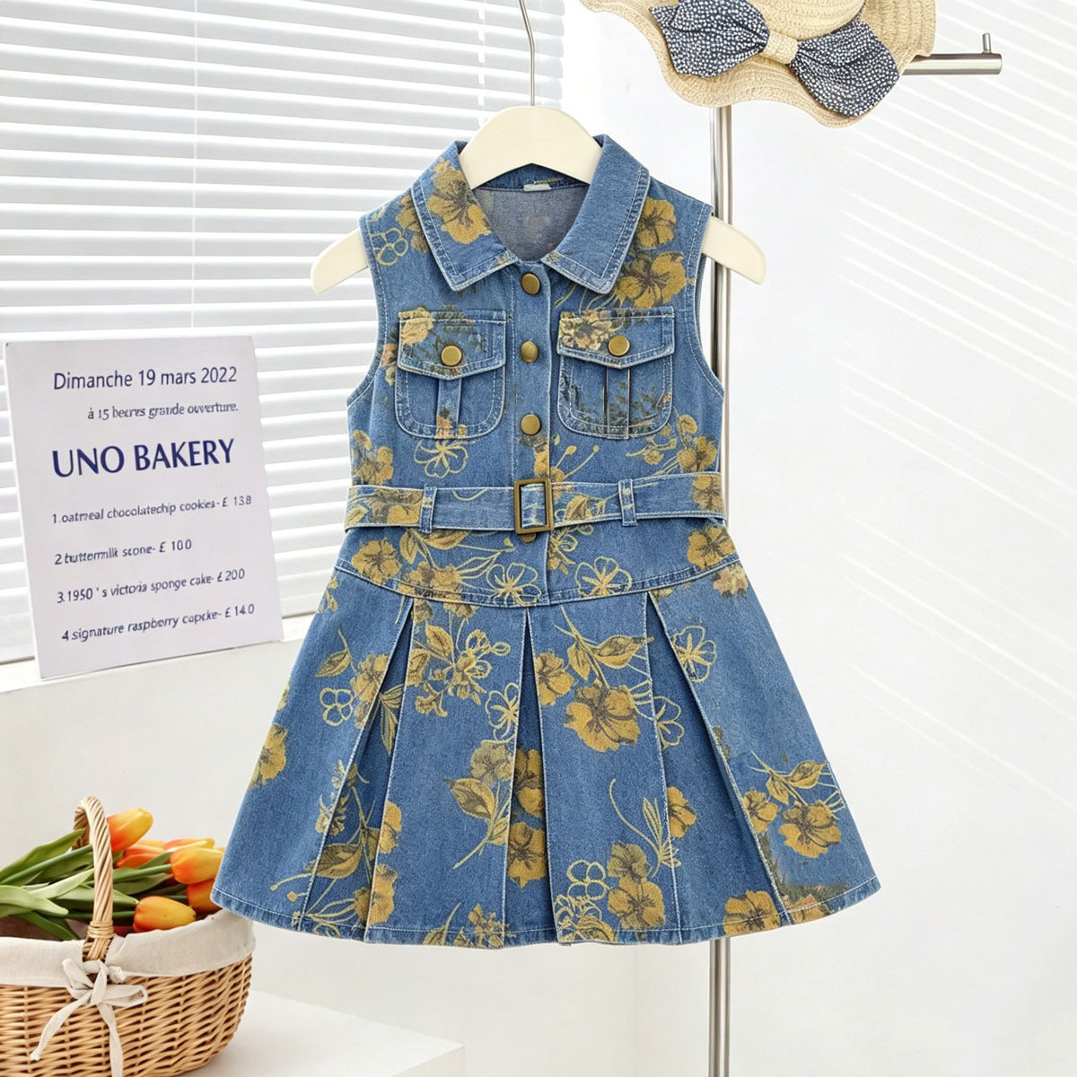 Girls' Sleeveless Denim Dress — Floral Print High-Waist Backless Style