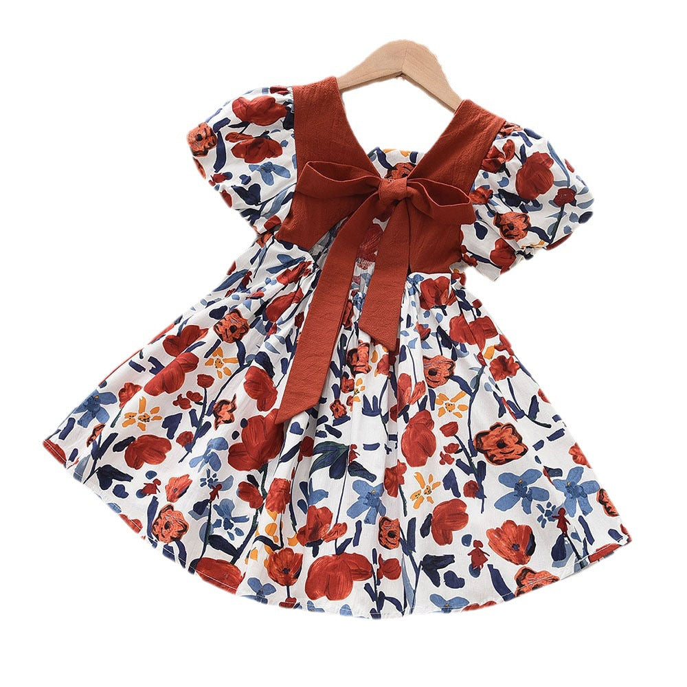 Children's Summer Girl Short Sleeve Dress with Backless Bow and Puff SleevesOil Painting Vintage Style Dress