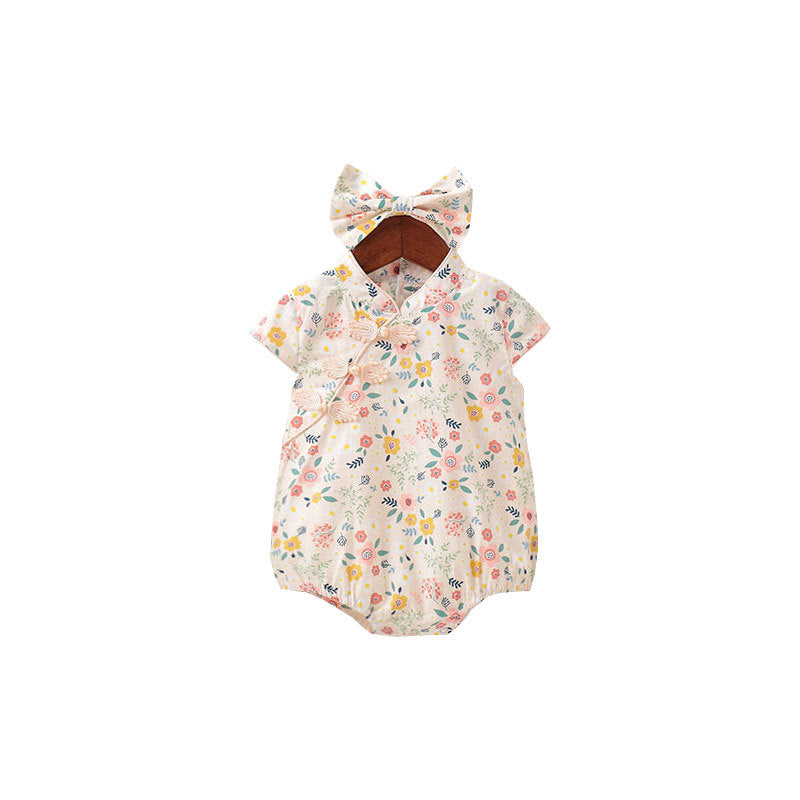 Cotton Sleeveless Floral Baby Girl Romper with Headband
