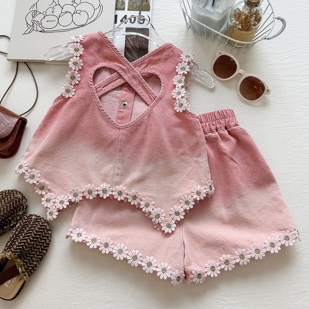 Summer Girls' Set Floral Denim Vest with Ruffled Shorts Casual Two-Piece Outfit