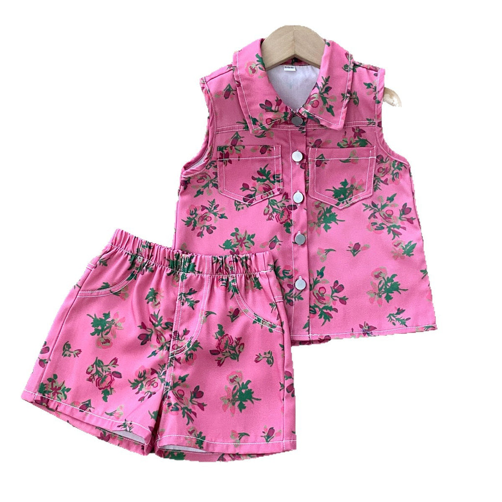 Cute Sleeveless Printed Top with Shorts Two-Piece Set for Girls Summer Fashion Kids Outfit