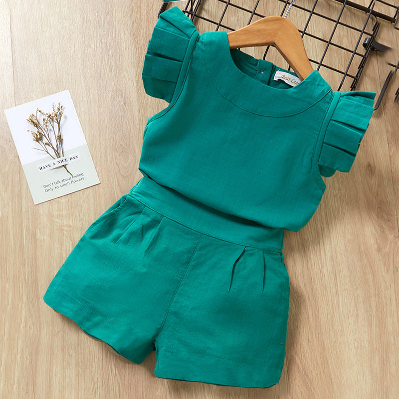 Girls' Flutter Sleeve Crop Top & Solid Color Shorts Two-Piece Set