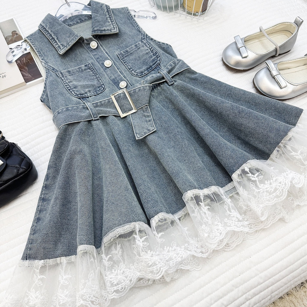 Summer Girls' Denim Dress Fitted Waist, Sleeveless, Lace Trim, Backless Dress
