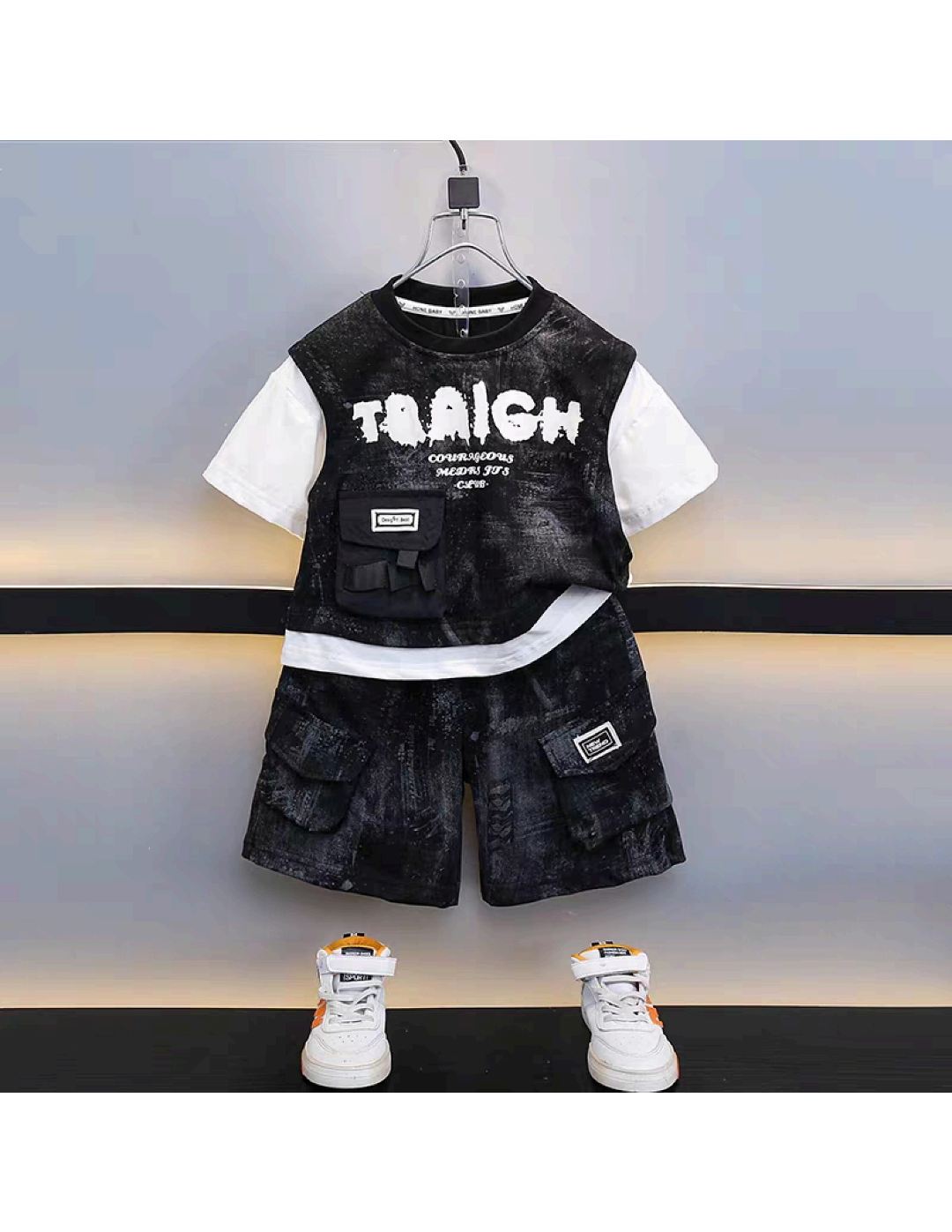 Kids’ 2-Piece Streetwear T-Shirt & Cargo Shorts Set | $5.50 | MOQ 12 Sets