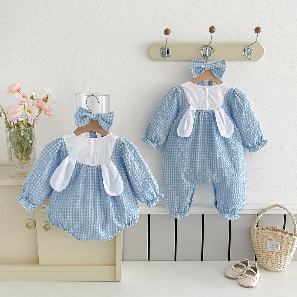 Baby Clothes Spring New Sweet Plaid Romper Stylish Baby Onesie Outing Crawler + Headband