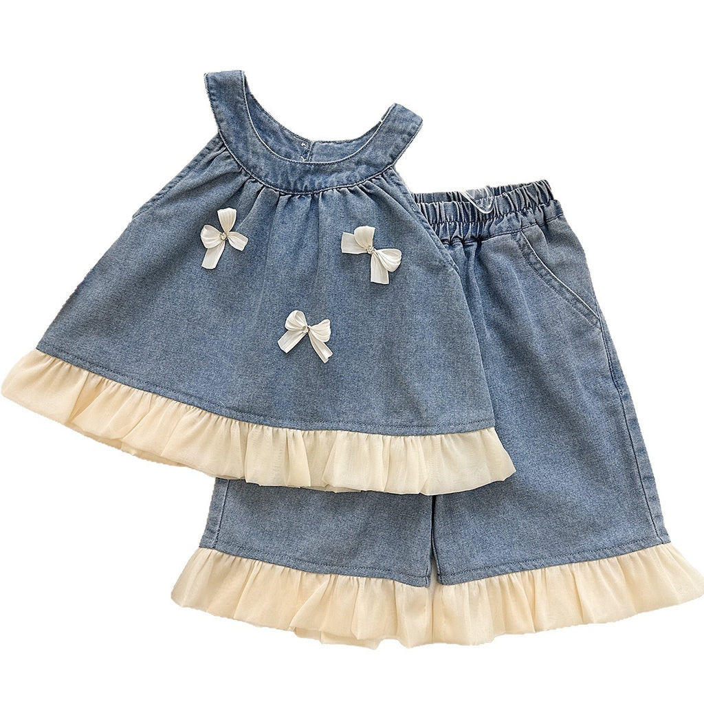 Cute Butterfly Knot Sleeveless Top and Wide Leg Pants Two-Piece Set for Girls, Fashionable Denim Outfit