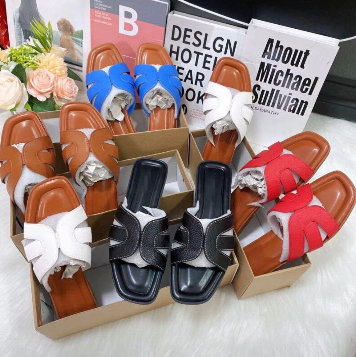 Silver H-Strap Flat Slide Sandals