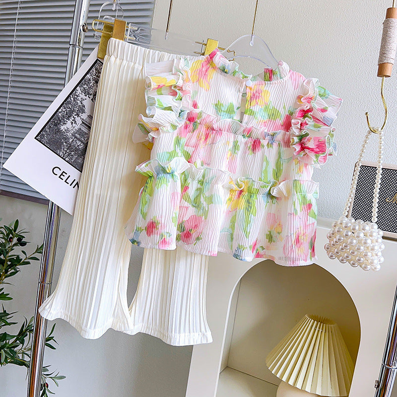Girls' Korean Style Floral Sleeveless Top & Long Pants Set — Apricot