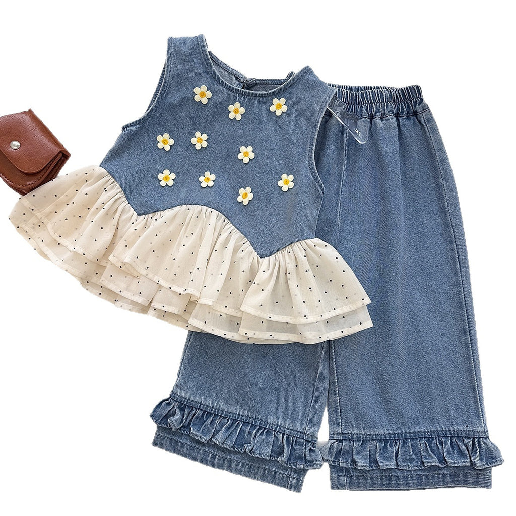 Girls' Denim Set Summer New Style Daisy Polka Dot Tulle Denim Vest and Wide Leg Pants Two-Piece Set
