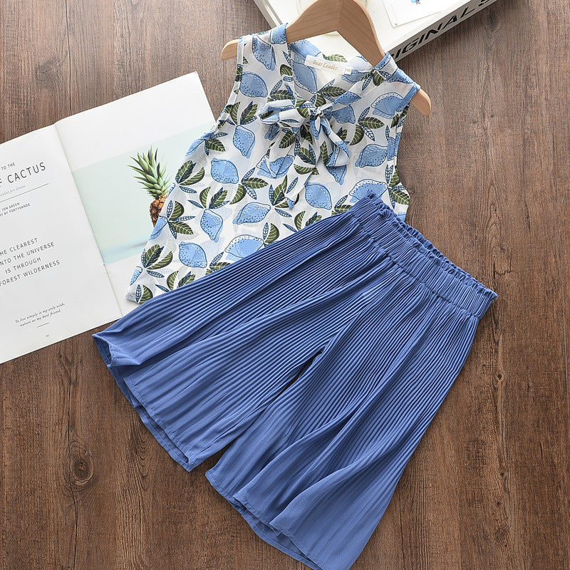 Girls' Lightweight Chiffon Bow Blouse & Wide-Leg Pants Set — Korean Style