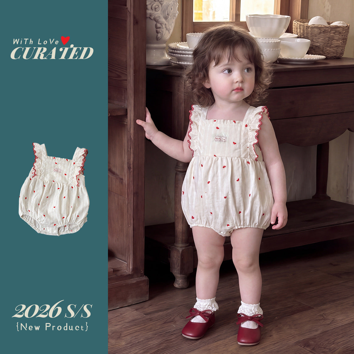 Cotton Romper for Baby Girls, Sweet Ruffled Heart-Shaped Triangular Bodysuit, Baby Girl Onesie Summer
