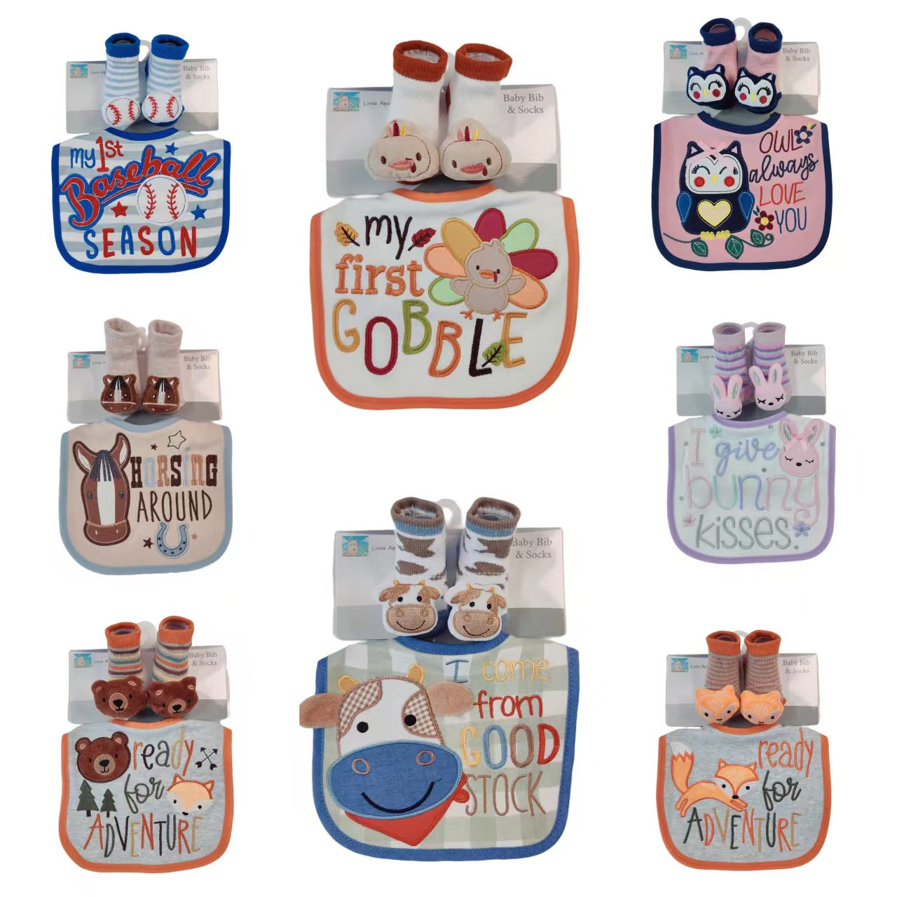 Baby Bib & Matching Socks 2-Piece Gift Set – Assorted Animal Designs | $6.50 Per Pack | MOQ 24 Packs