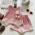 Summer Girls' Set Floral Denim Vest with Ruffled Shorts Casual Two-Piece Outfit