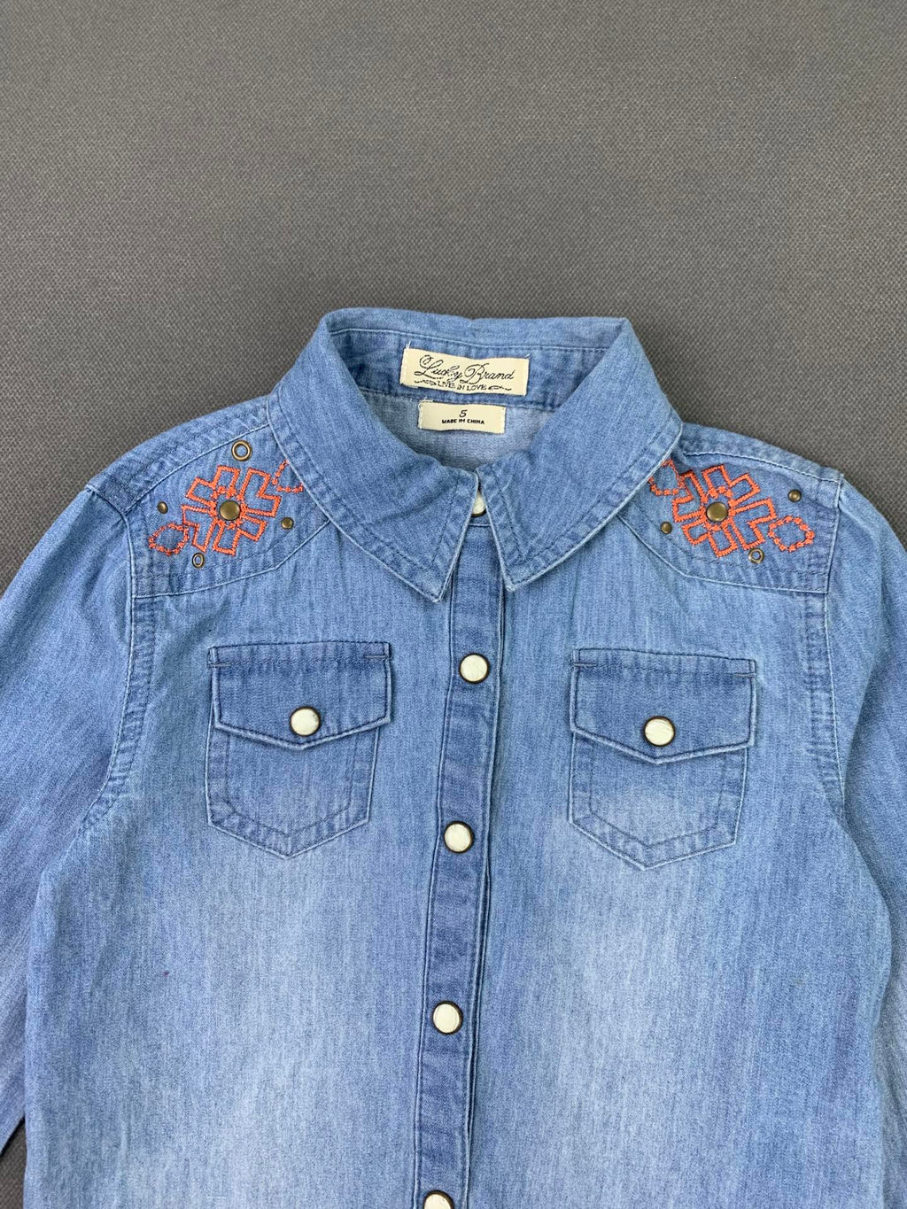 Lucky Brand Girls' Long-Sleeve Denim Shirt, 100% Cotton Denim Fabric, Soft Fabric.
