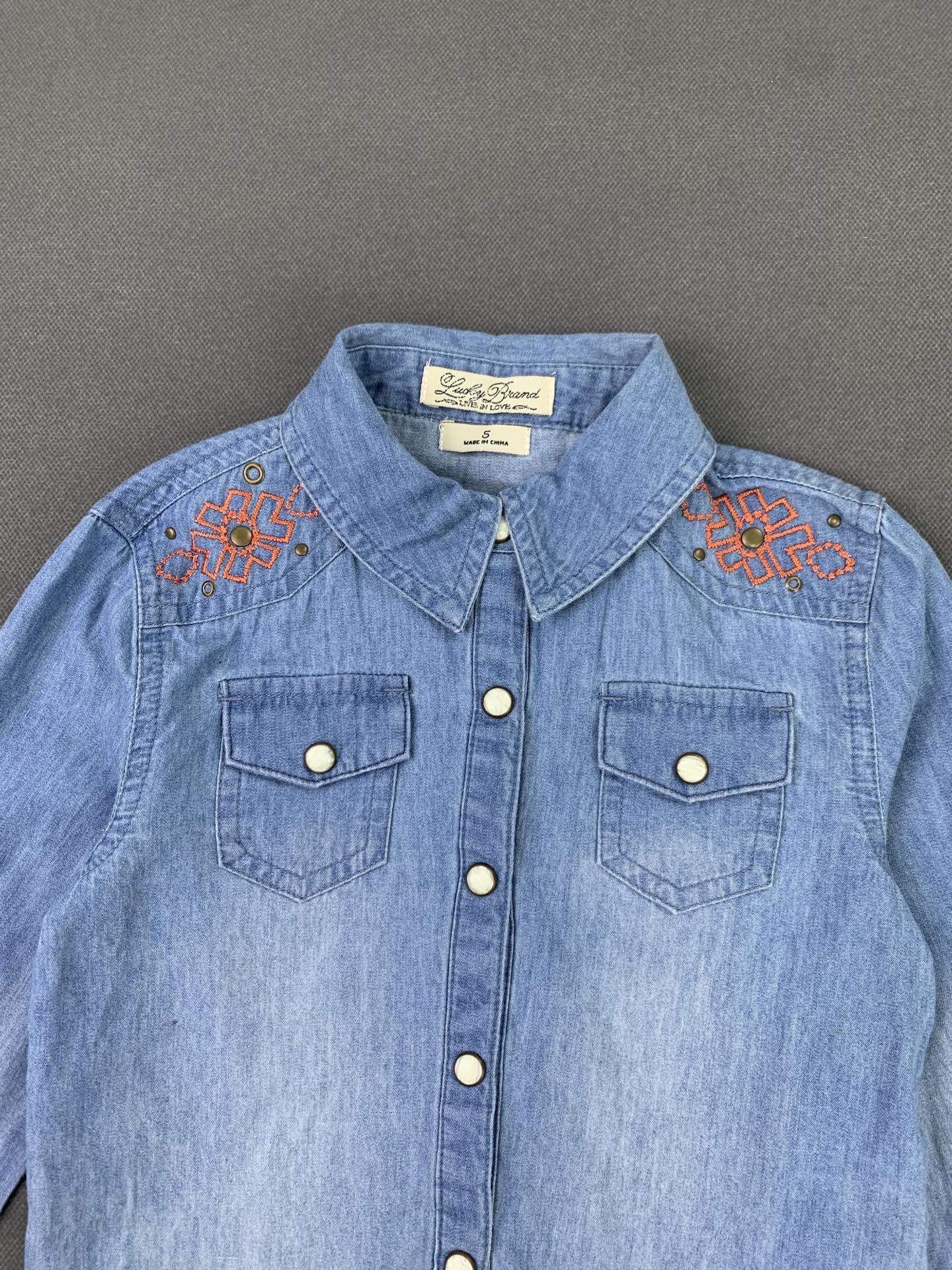 Lucky Brand Girls' Long-Sleeve Denim Shirt, 100% Cotton Denim Fabric, Soft Fabric.