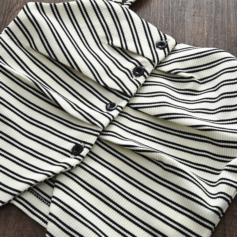 Girls' Pleated Stripe Strap Top & Shorts Two-Piece Casual Set