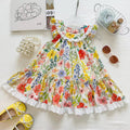 Floral Print Sleeveless Dress for Girls with Peter Pan Collar and Lace Trim Princess Style Dress