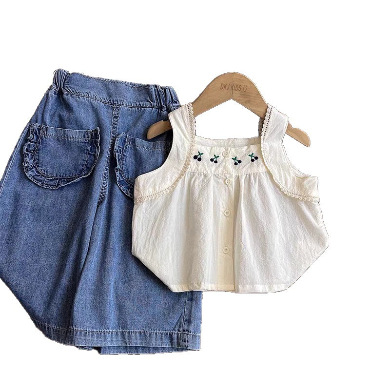 Girls' Cherry Embroidery Tank Top and Denim Wide-Leg Pants Two-Piece Set Fashion Baby Outfit Summer